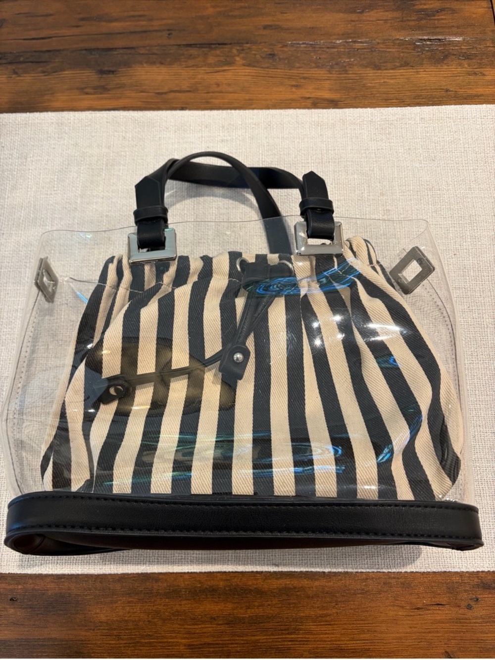 Clear Tote Handbag with Striped Inner Pouch